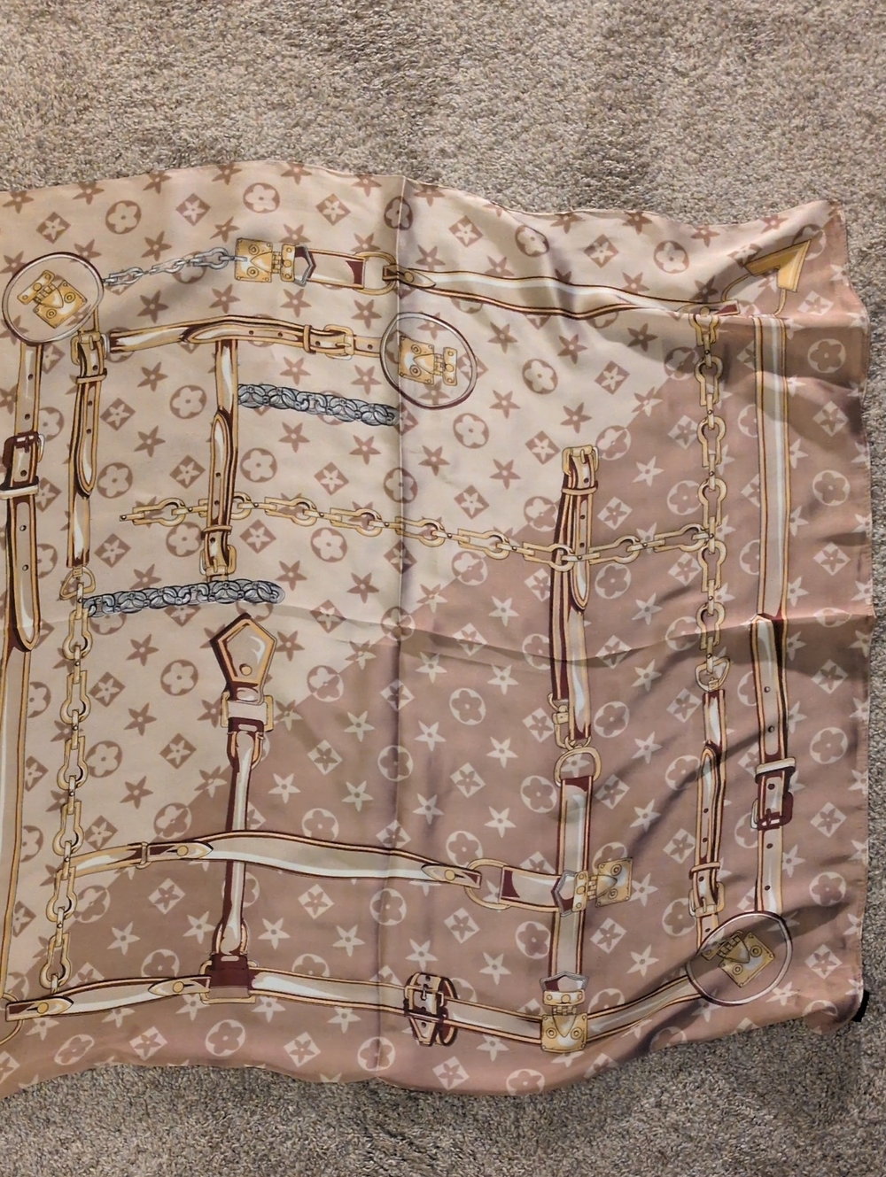 Beige Logo-Print Fashion Scarf with Gold Chain Motif